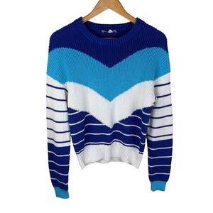 Solid & Striped Chevron Colorblock Sweater Womens LG Blue White Organic Cotton